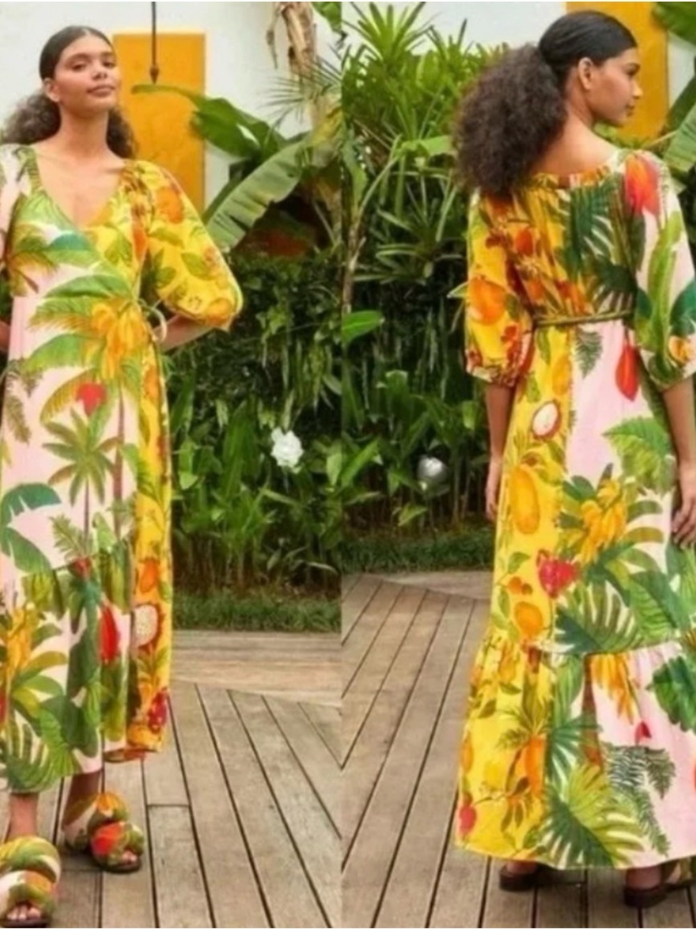 FARM RIO Tropical Mix Print Wrap Linen Maxi Dress - Multicolor L - Picture 2 of 13